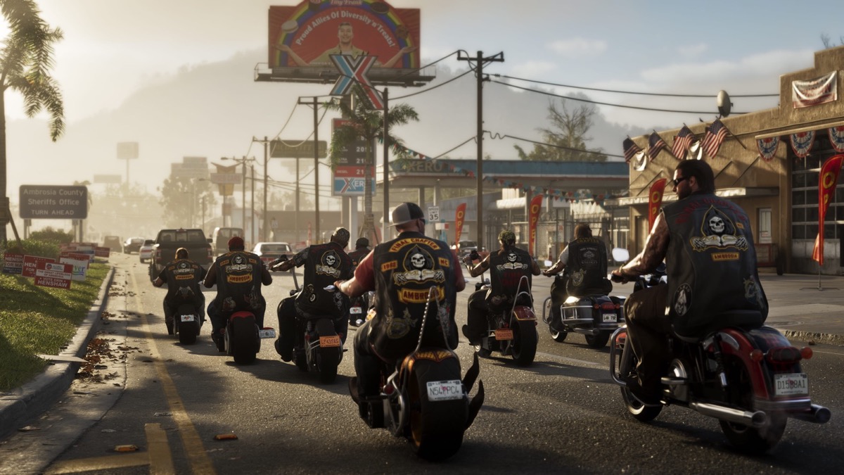 A line of riders on a highway out of Ambrosia at dusk