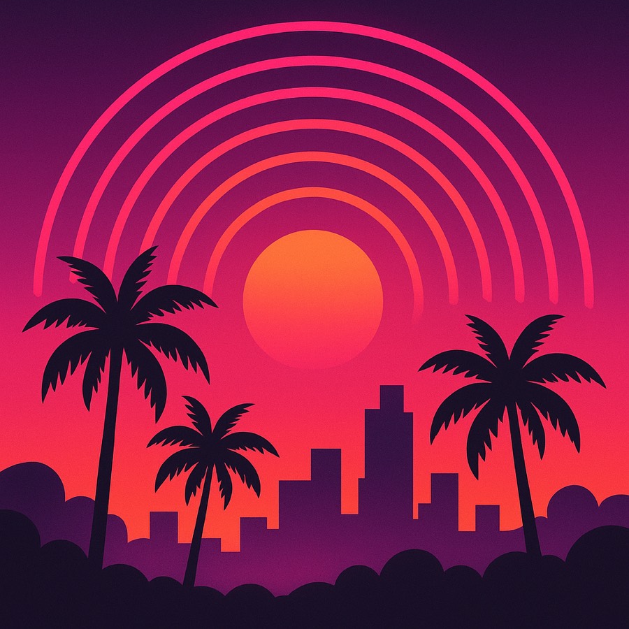 Wanted Wire illustration: concentric neon arcs over a skyline