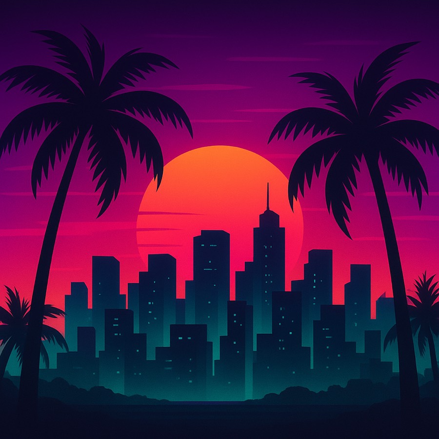 Wanted Wire illustration: a sunset skyline behind palms